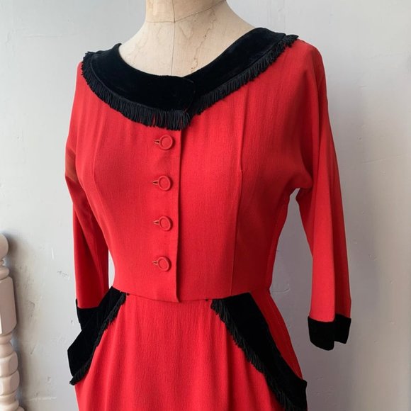 1940s 40s Vintage Red Rayon Crepe Dress with Black Fringe by "Polly Brief" - Picture 2 of 7